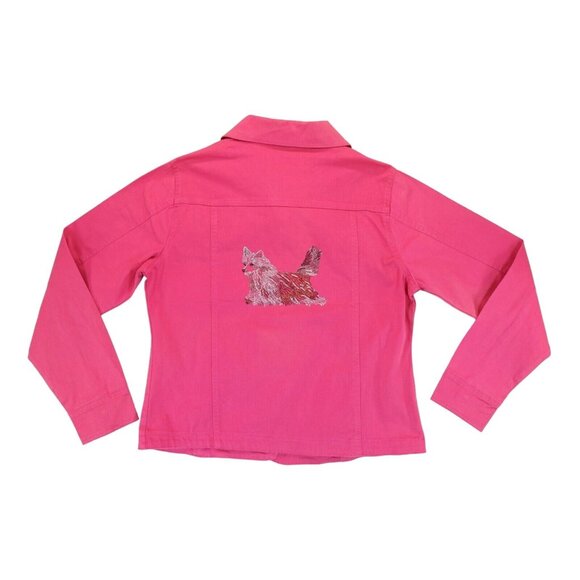Isaac's Designs Denim Pink Jacket Decoraded Rhinestones with Dog Drawing Back‎ M - Picture 2 of 6